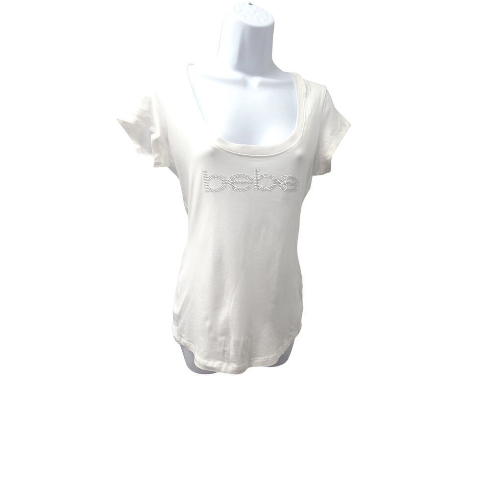 Bebe Y2K bling logo women's t-shirt white Size Large Bling Mcbling Scoopneck